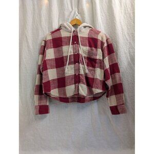 American Eagle Cropped Flannel Sz Lrg Hoodie/Shirt Red/White Plaid Distressed T3